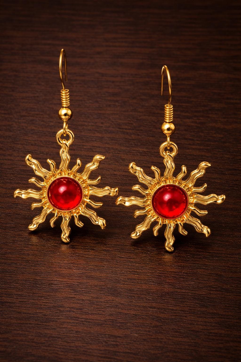 Boho Baroque Sunflower Dangle Earrings, Gold Plated Faux Jade Sunburst Jewelry