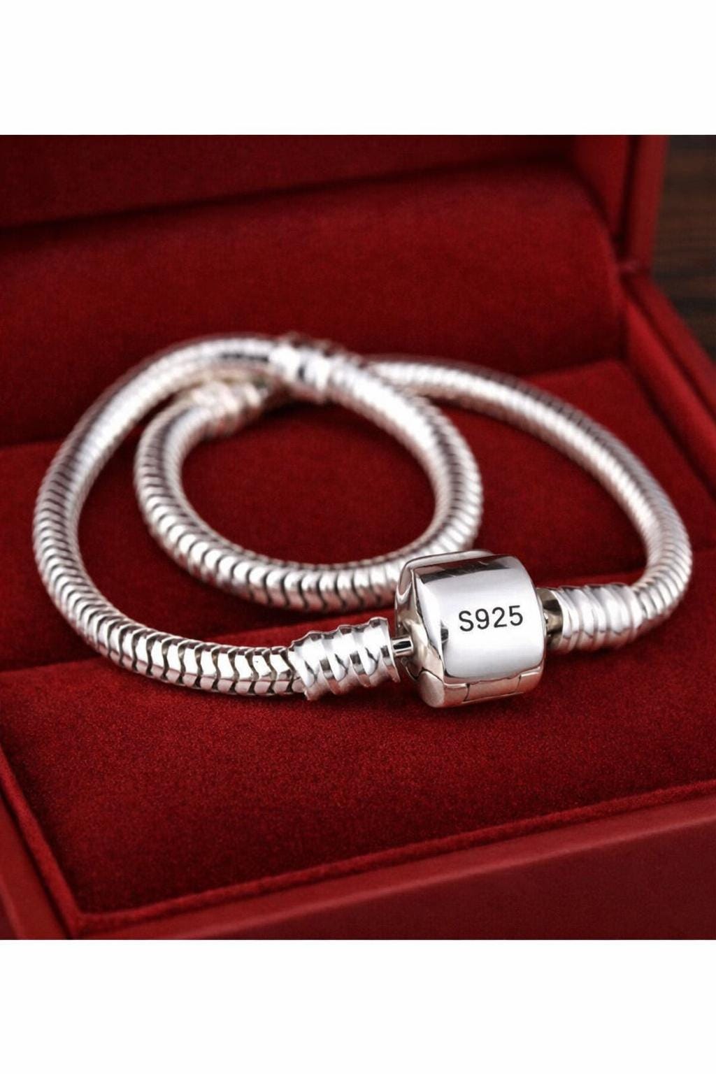 925 Sterling Silver Snake Chain Charm Bracelet, Minimalist European Bead Style