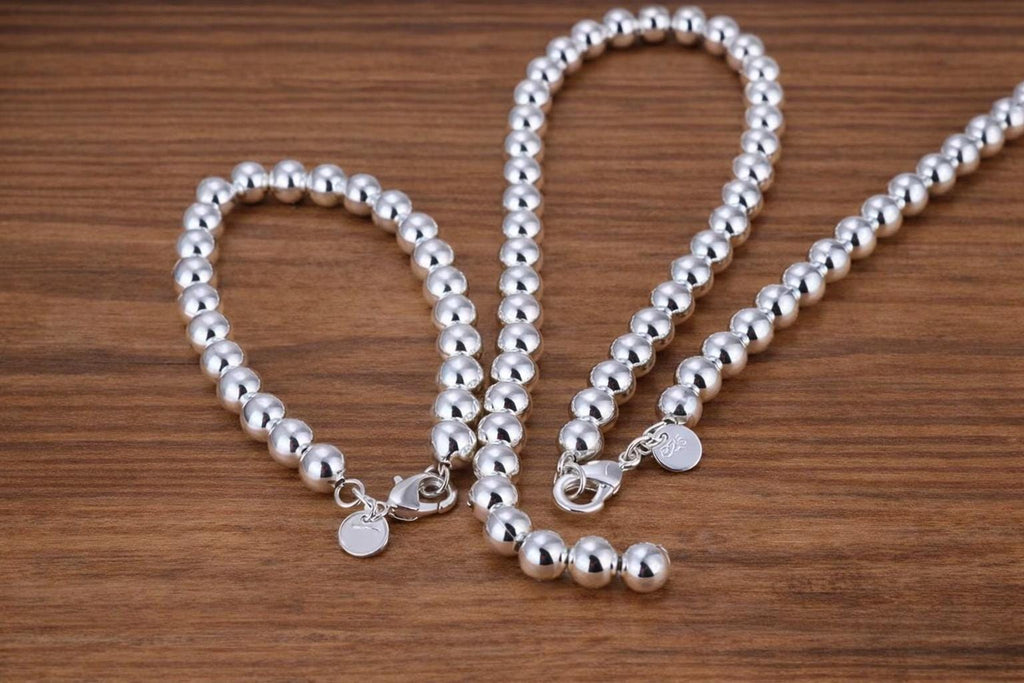 925 Sterling Silver Bead Chain Set, Minimalist Couple Jewelry Necklace Bracelet