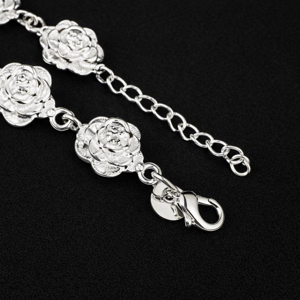 925 Sterling Silver Rose Bracelet, Adjustable Floral Charm Jewelry Gift