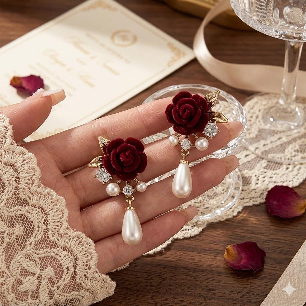 Wine Red Rose Pearl Drop Earrings, Vintage Gold Floral Dangle, Wedding Party Jewelry