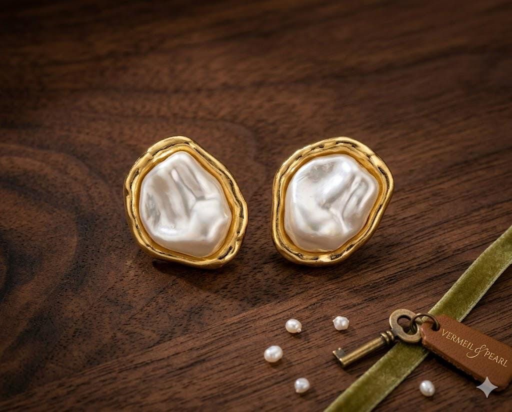 18K Gold Plated Irregular Pearl Drop Earrings, Vintage Elegant Dangle Bridal Jewelry