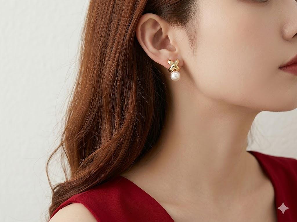 Vintage Cross Pearl Earrings, Elegant Faux Pearl Dangle, Luxury Daily Jewelry for Women