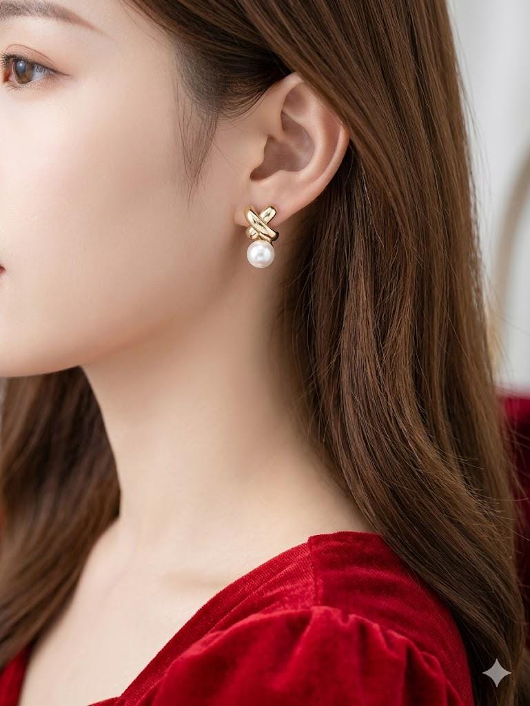 Vintage Cross Pearl Earrings, Elegant Faux Pearl Dangle, Luxury Daily Jewelry for Women