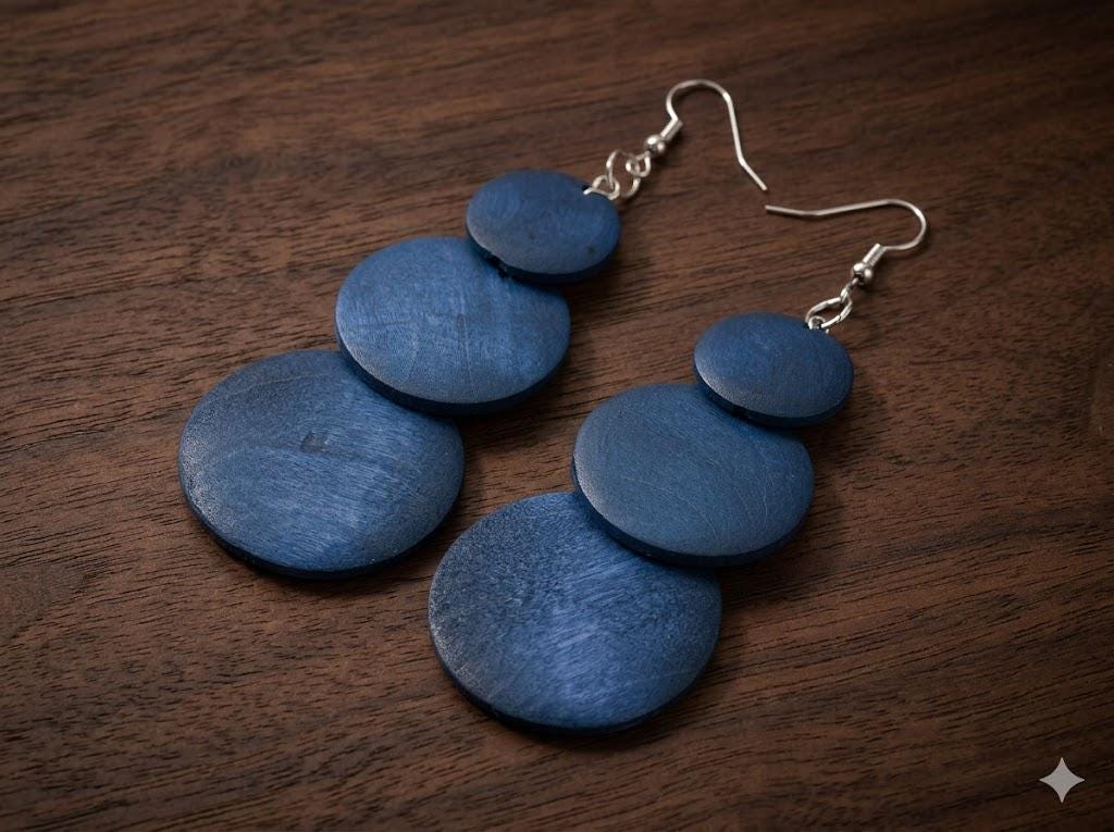 Bohemian Wooden Tassel Earrings, 3 Layer Gradient Round Pendant, Long Statement Geometric Jewelry