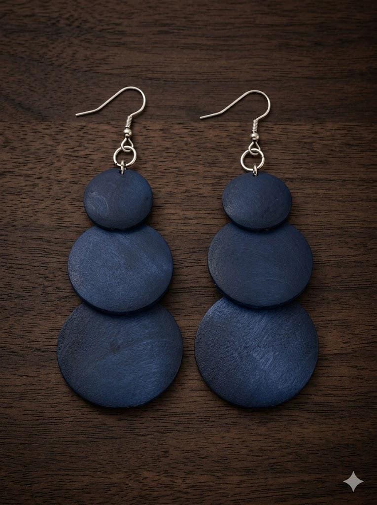 Bohemian Wooden Tassel Earrings, 3 Layer Gradient Round Pendant, Long Statement Geometric Jewelry