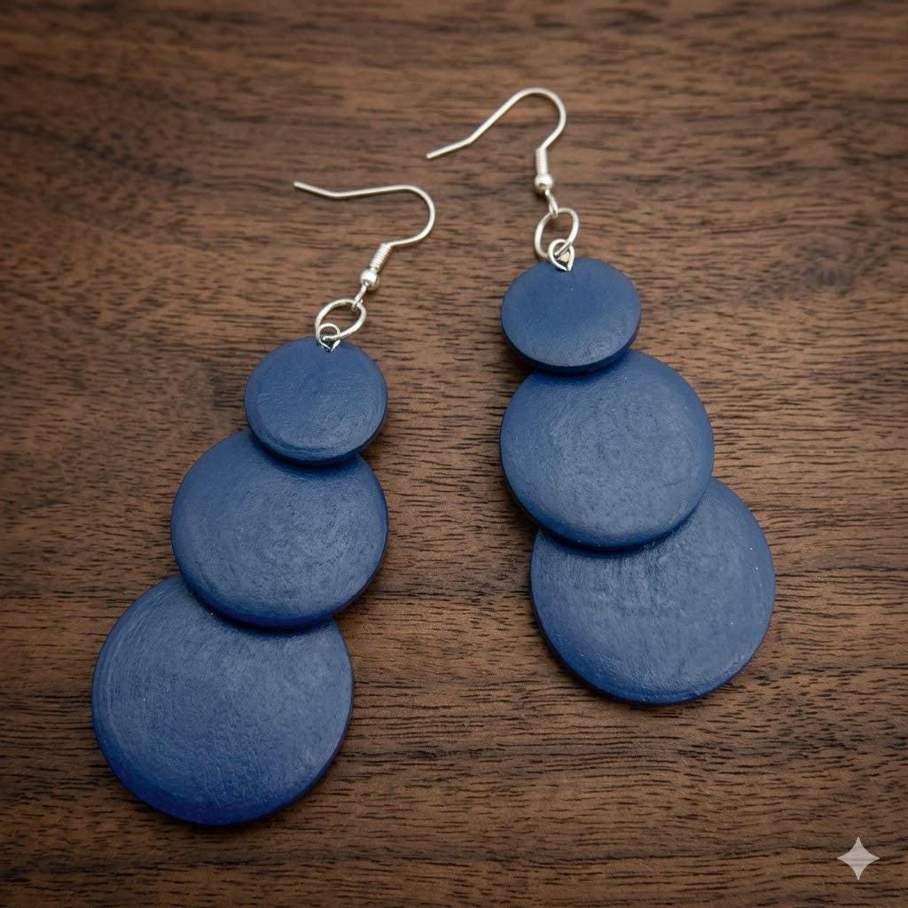 Bohemian Wooden Tassel Earrings, 3 Layer Gradient Round Pendant, Long Statement Geometric Jewelry