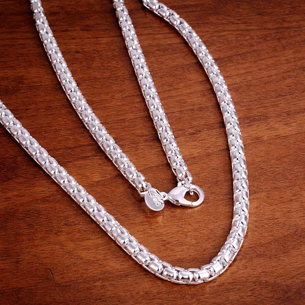 925 Sterling Silver Plated Round Box Chain Necklace, Minimalist Elegant Jewelry