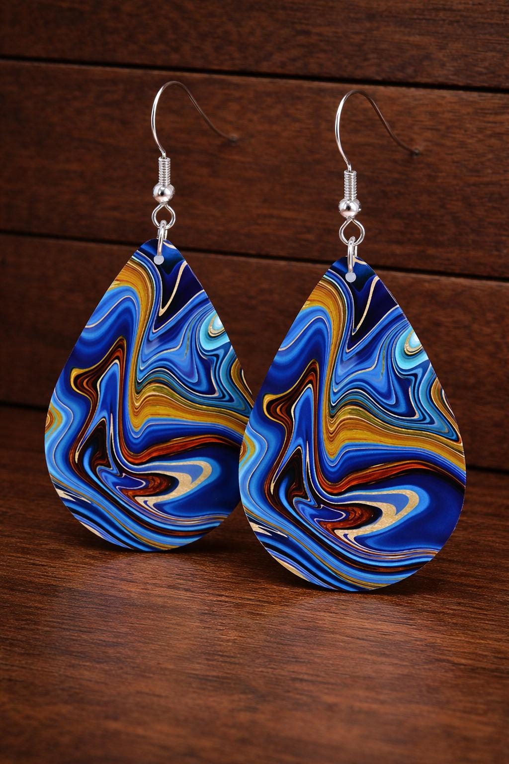 Teardrop Wooden Dangle Earrings, Abstract Blue Nature Style Jewelry