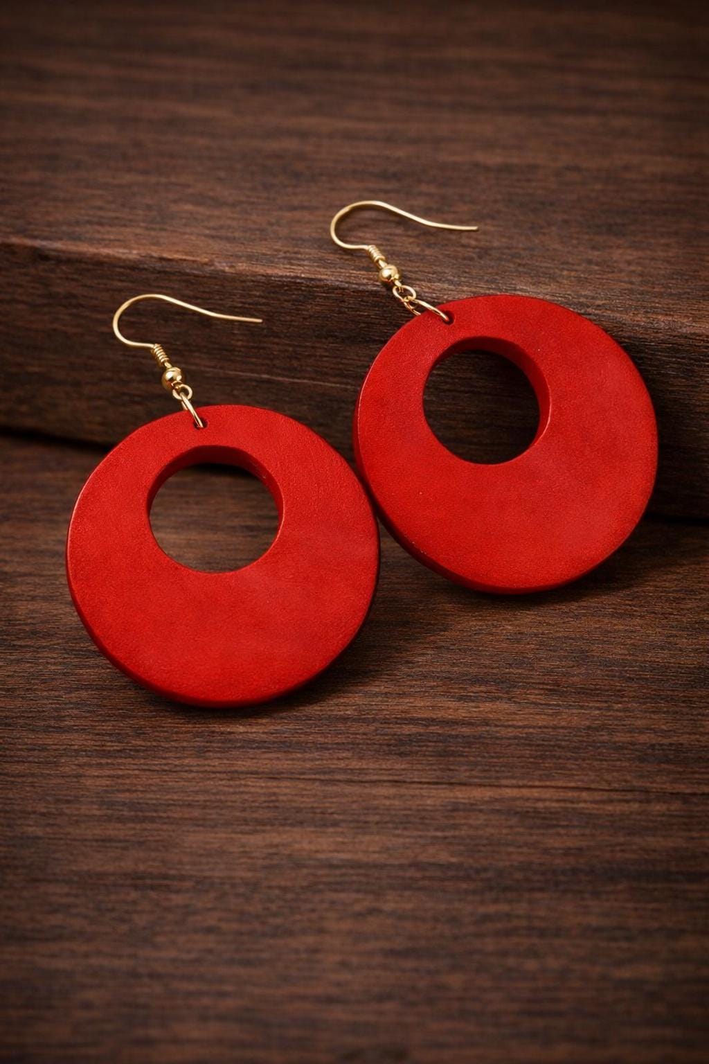 Vintage Hollow Round Wood Earrings, Boho Dangle Drop Jewelry