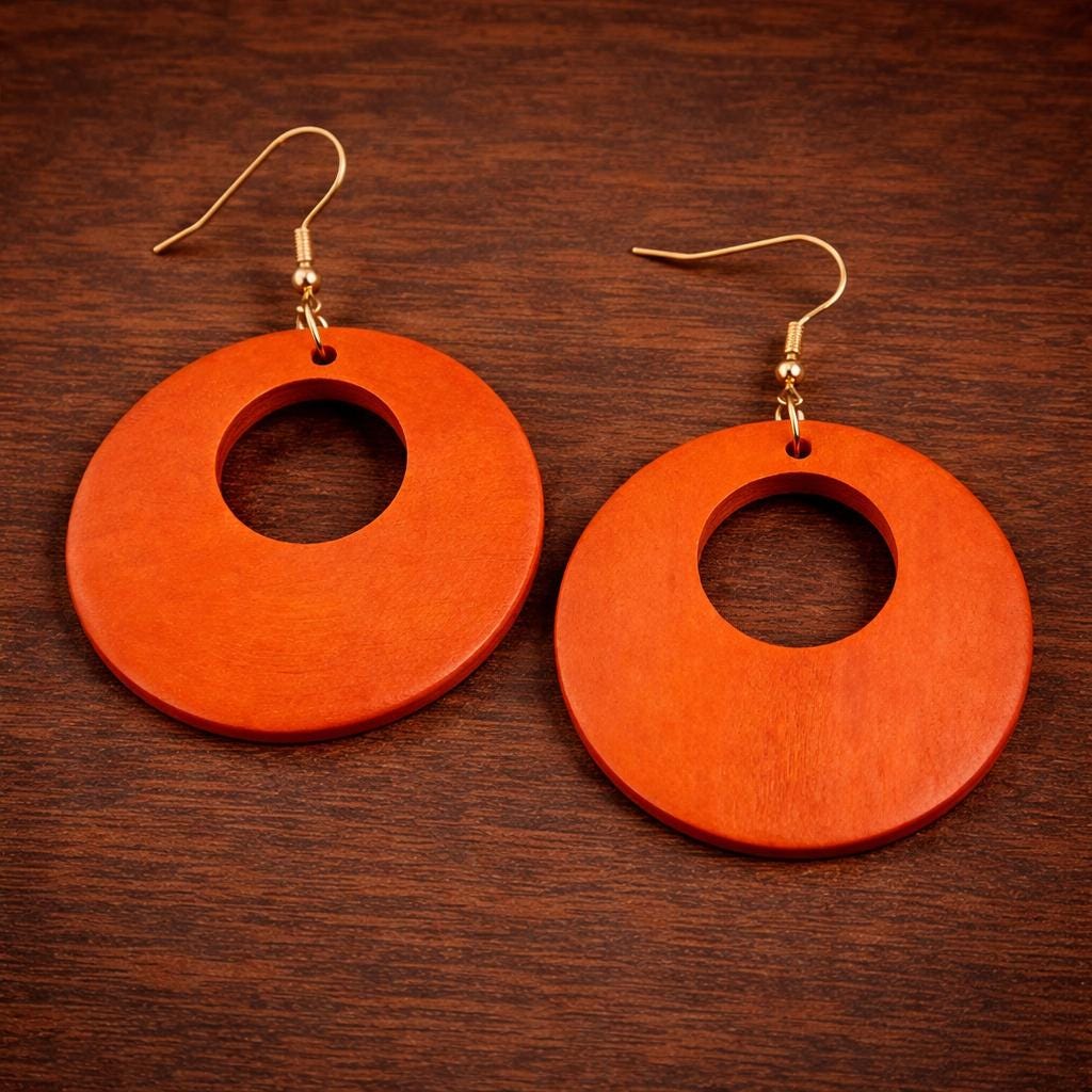 Vintage Hollow Round Wood Earrings, Boho Dangle Drop Jewelry