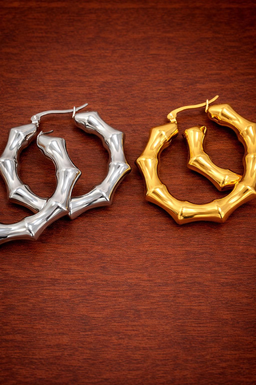 Bamboo Hoop Earrings Stainless Steel, Chunky Hollow Hoops, Minimalist Statement Earrings, Gift for Women