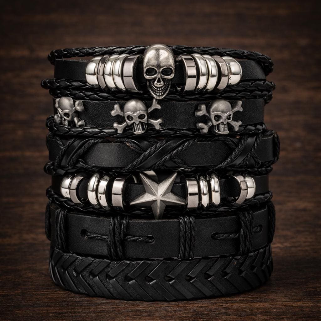 Black Punk Skull Star Bracelet Set, 6PCS Leather & Alloy Bracelets, Gothic Unisex Jewelry Gift