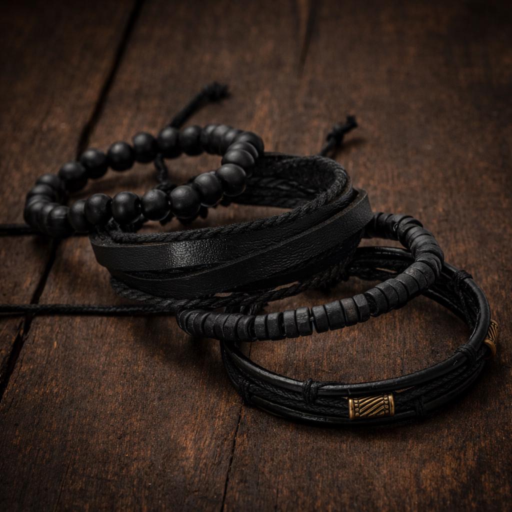 Black Punk Skull Star Bracelet Set, 6PCS Leather & Alloy Bracelets, Gothic Unisex Jewelry Gift