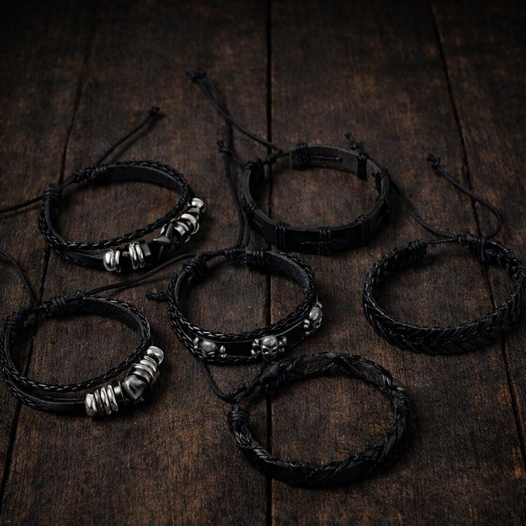 Black Punk Skull Star Bracelet Set, 6PCS Leather & Alloy Bracelets, Gothic Unisex Jewelry Gift