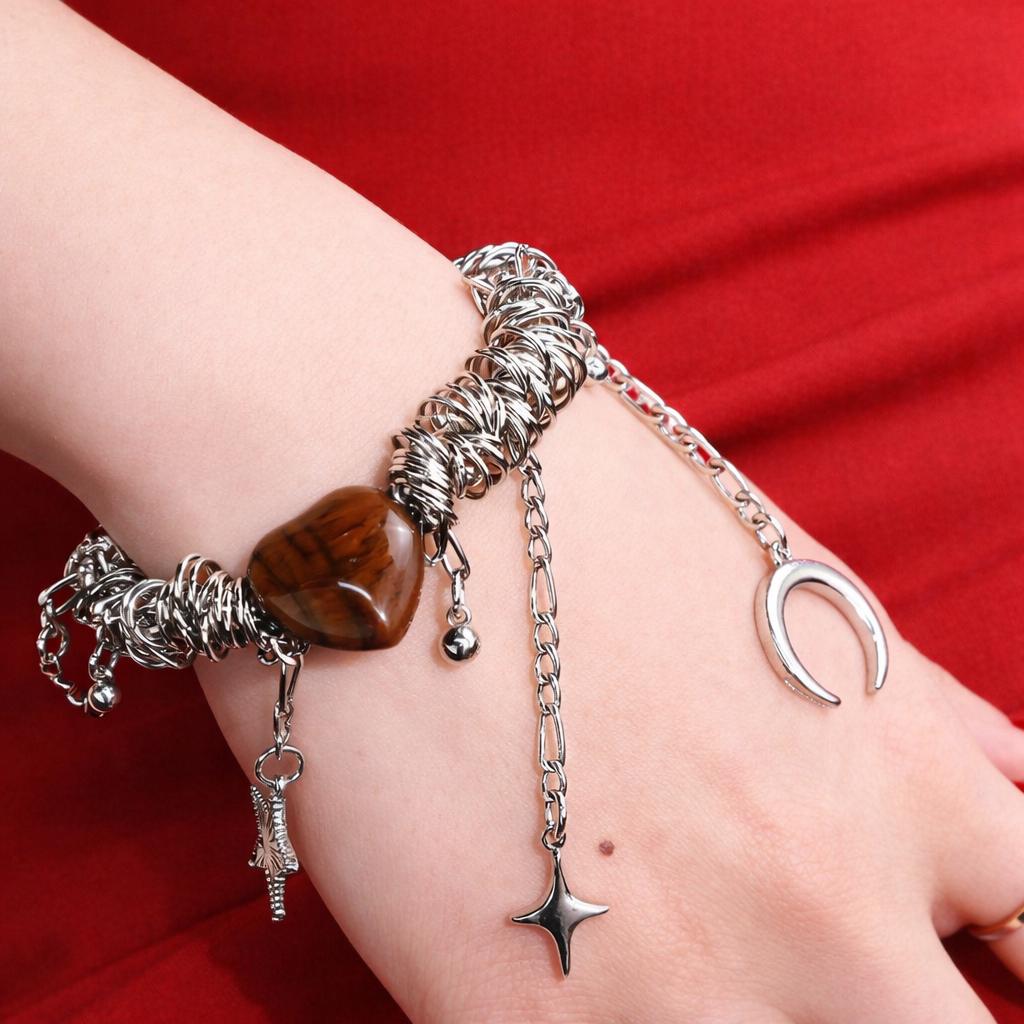 Y2K Asymmetrical Tassel Bracelet – Tiger Eye Heart Star Moon Charm Bracelet for Women