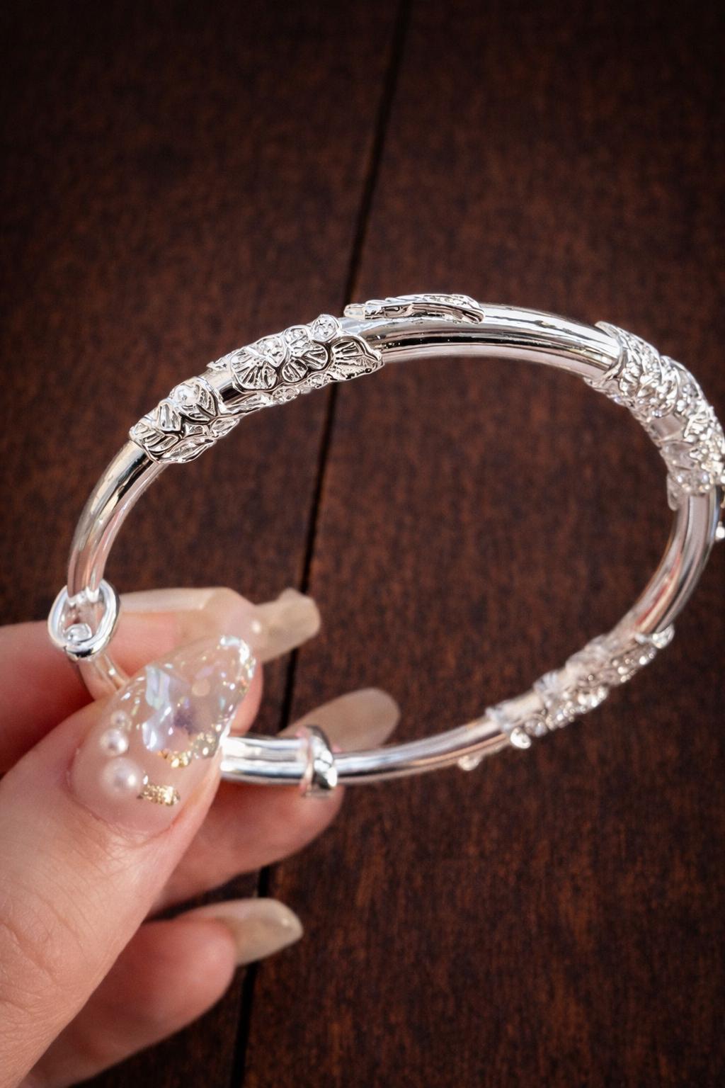 Vintage Floral Silver Plated Bangle, Engraved Elegant Minimalist Bracelet