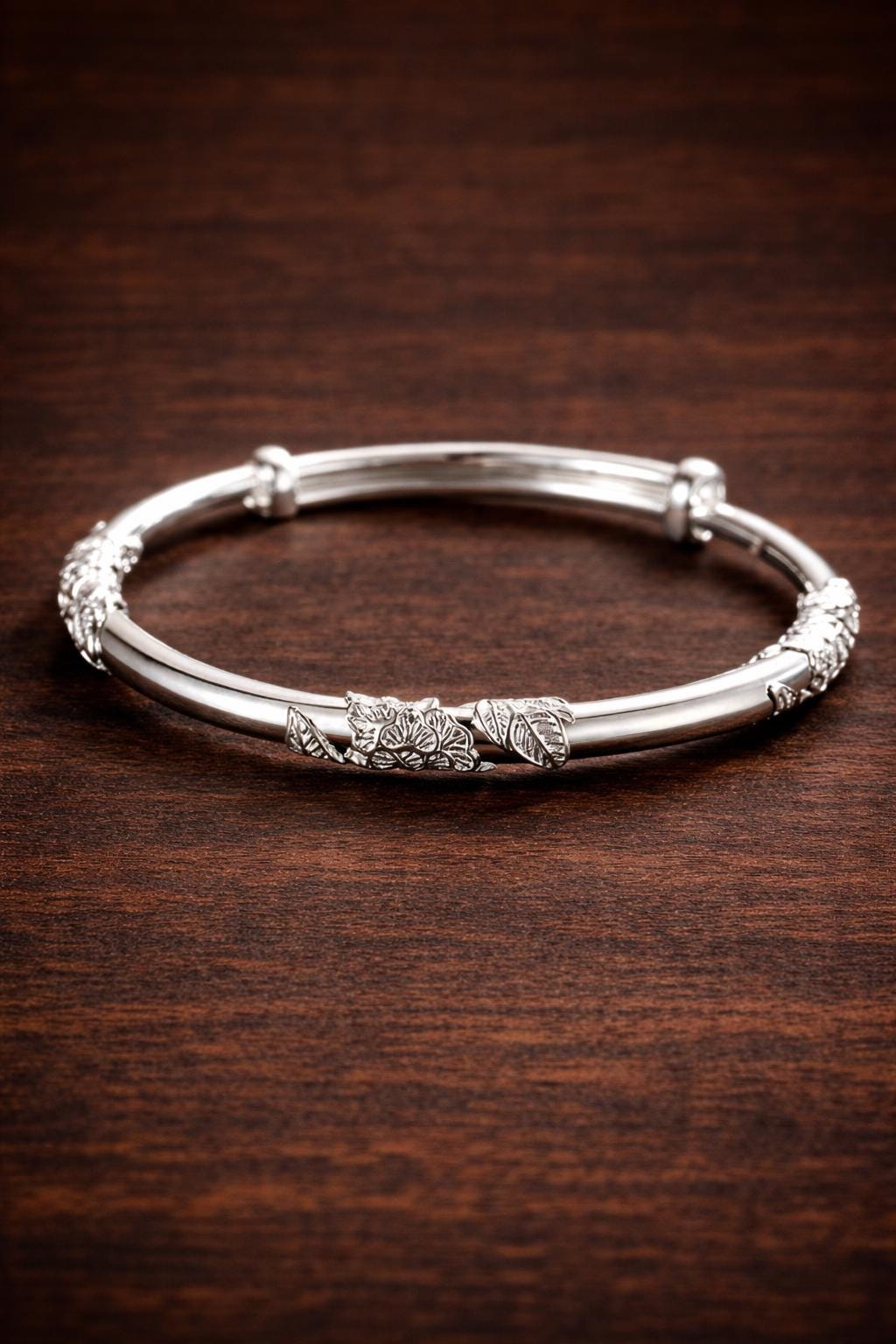 Vintage Floral Silver Plated Bangle, Engraved Elegant Minimalist Bracelet