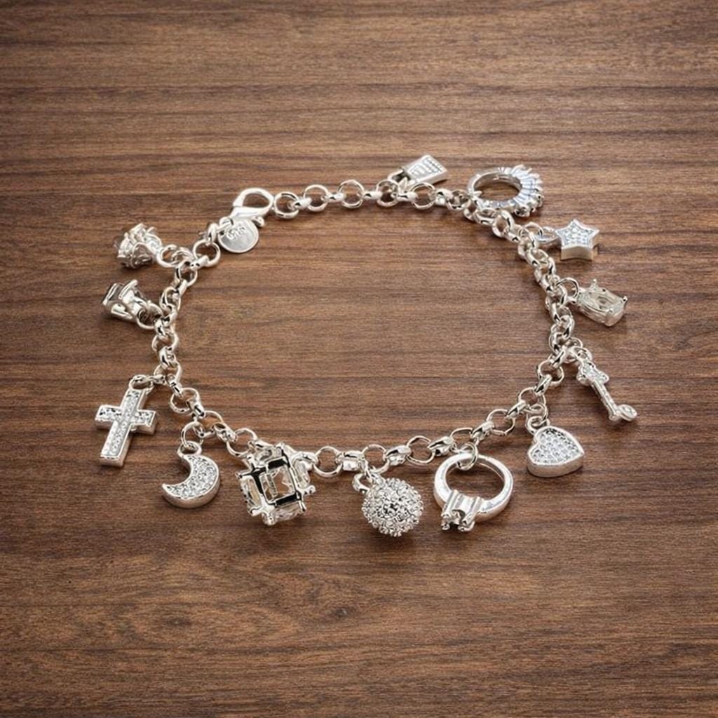 925 Sterling Silver Plated Charm Bracelet, Heart Lock Moon Cross, Minimalist Jewelry