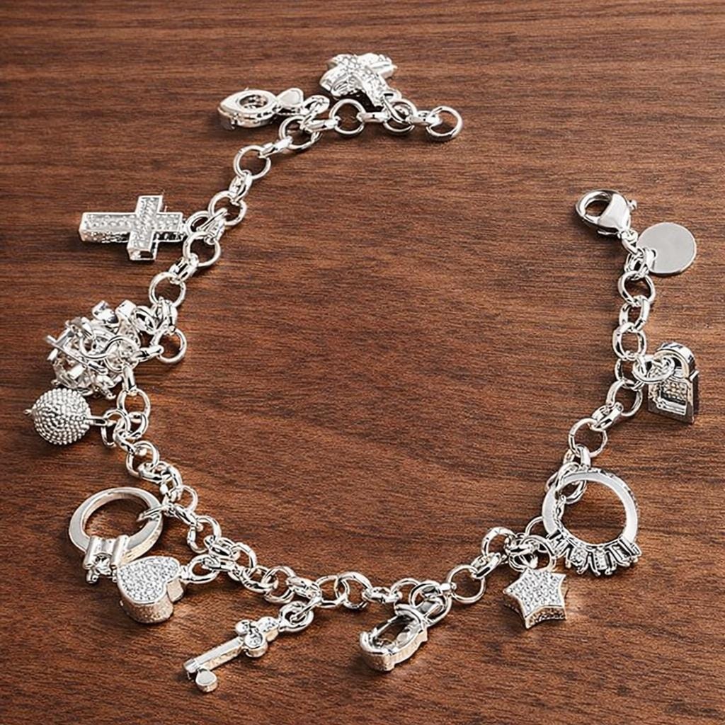 925 Sterling Silver Plated Charm Bracelet, Heart Lock Moon Cross, Minimalist Jewelry