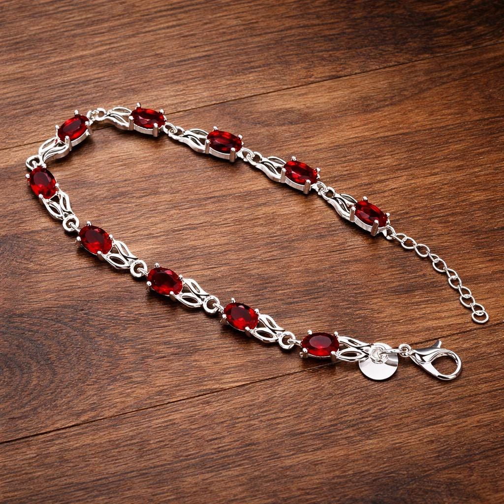 Sterling Silver Plated Red Zirconia Oval Bracelet, Elegant Minimalist Daily Wear