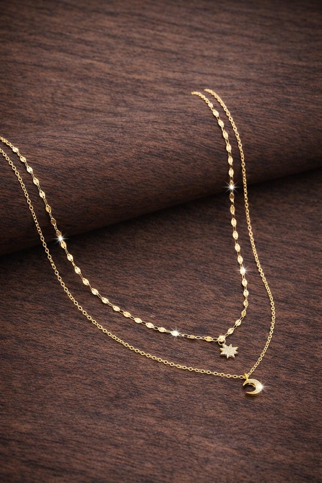 925 Sterling Silver Double Layer Star Moon Pendant Necklace, Celestial Elegant Jewelry