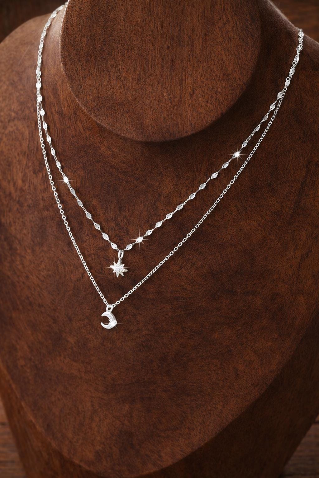 925 Sterling Silver Double Layer Star Moon Pendant Necklace, Celestial Elegant Jewelry