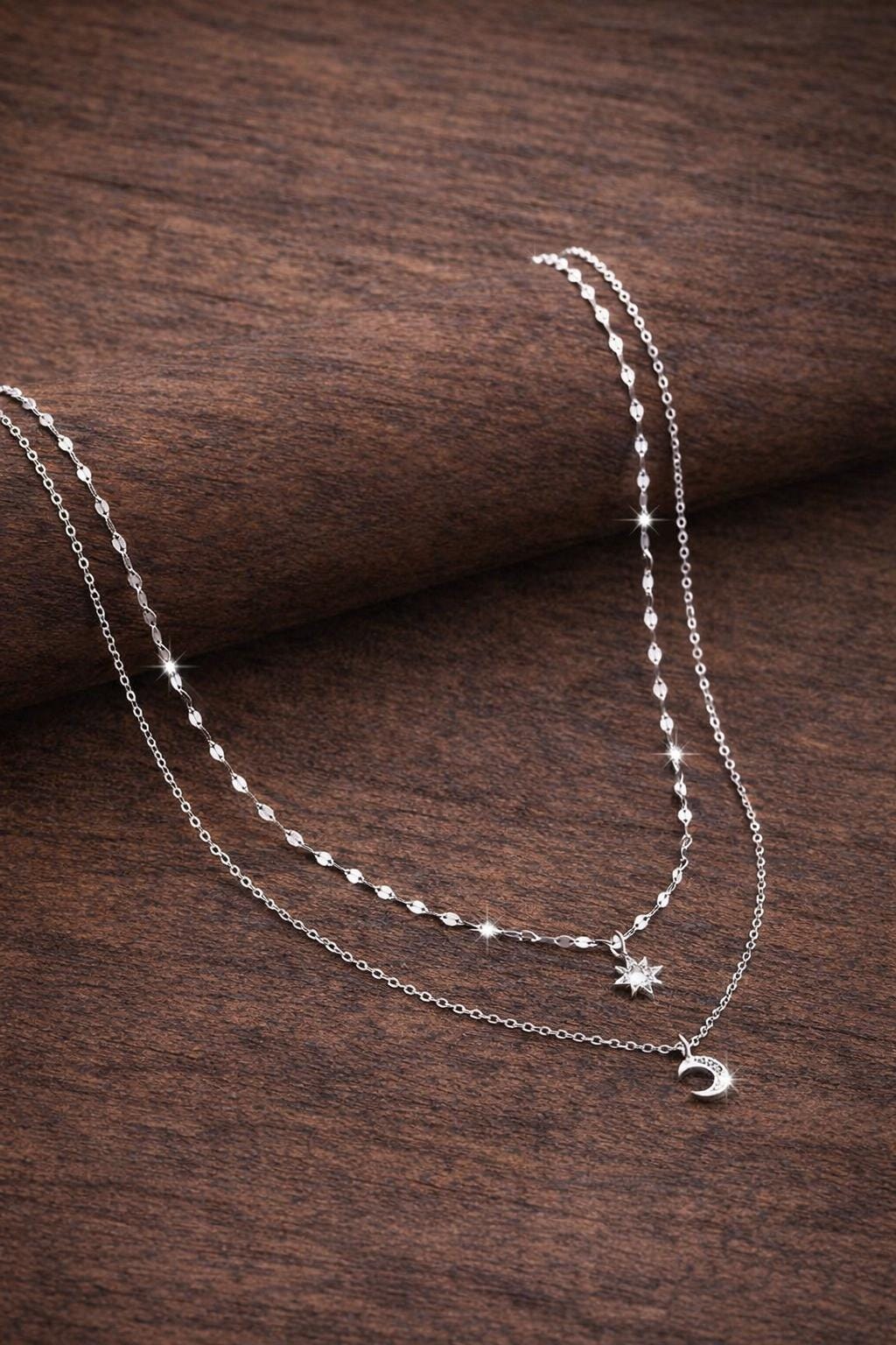 925 Sterling Silver Double Layer Star Moon Pendant Necklace, Celestial Elegant Jewelry