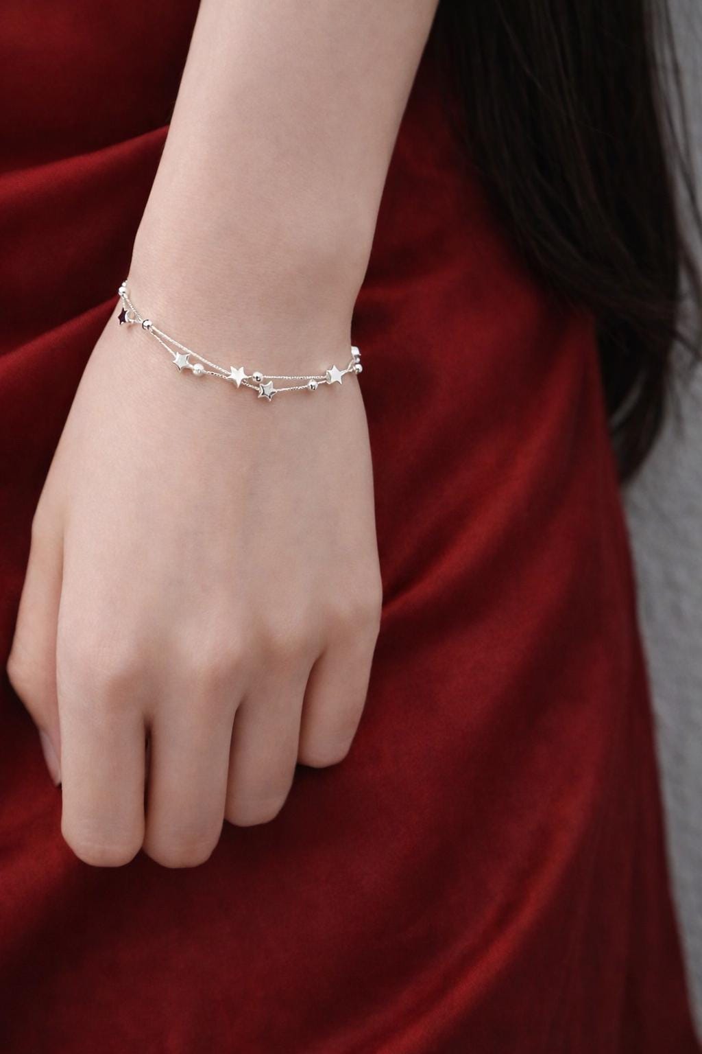 Sterling Silver Star Charm Bracelet, Dainty Double Chain Jewelry, Celestial Style, Women's Accessory
