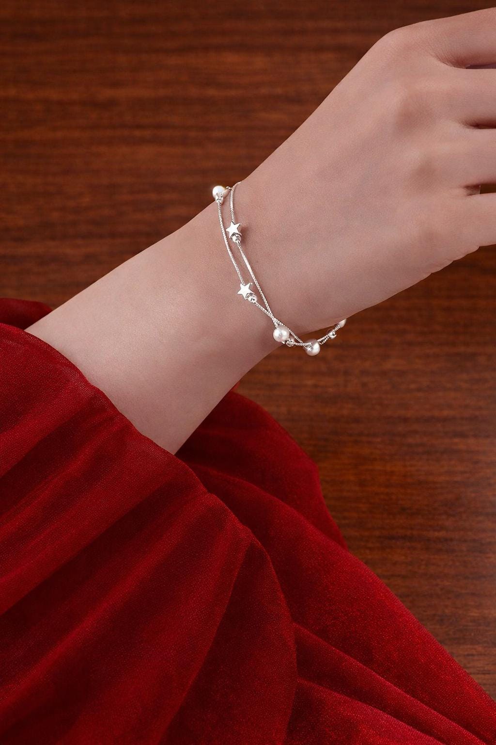 925 Sterling Silver Plated Star Bracelet, Korean Fashion Minimalist Bead Jewelry
