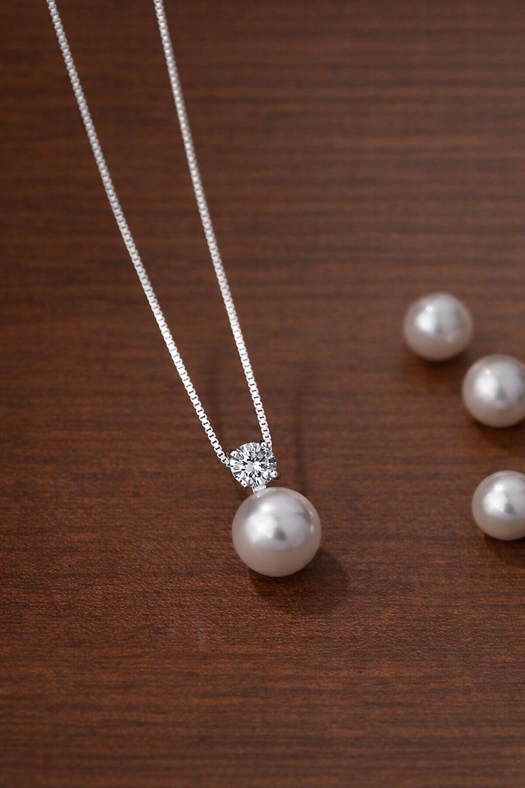Sterling Silver Pearl Diamond Pendant Necklace, Elegant Collarbone Chain Jewelry