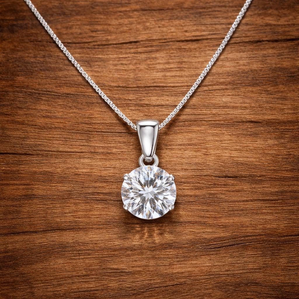 925 Sterling Silver Round Cut Cubic Zirconia 4-Claw Pendant Necklace for Women