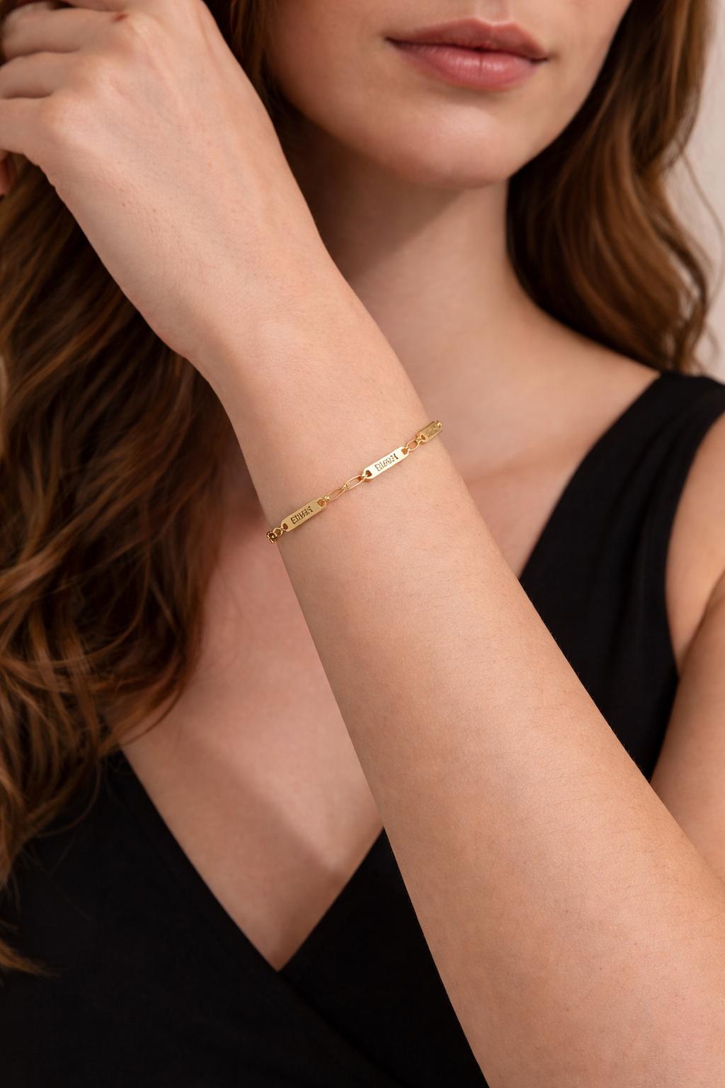 Custom Name Bar Bracelet, Gold Stainless Steel, Engraved ID, Dainty Paperclip Chain