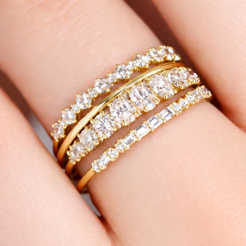 4-Piece Stackable CZ Ring Set: Minimalist Gold/Silver Wedding Bands