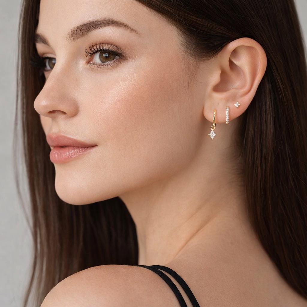 3-Piece Gold Rhombus Zircon Earrings Set: Dainty Minimalist Micro Pave Crystal Jewelry