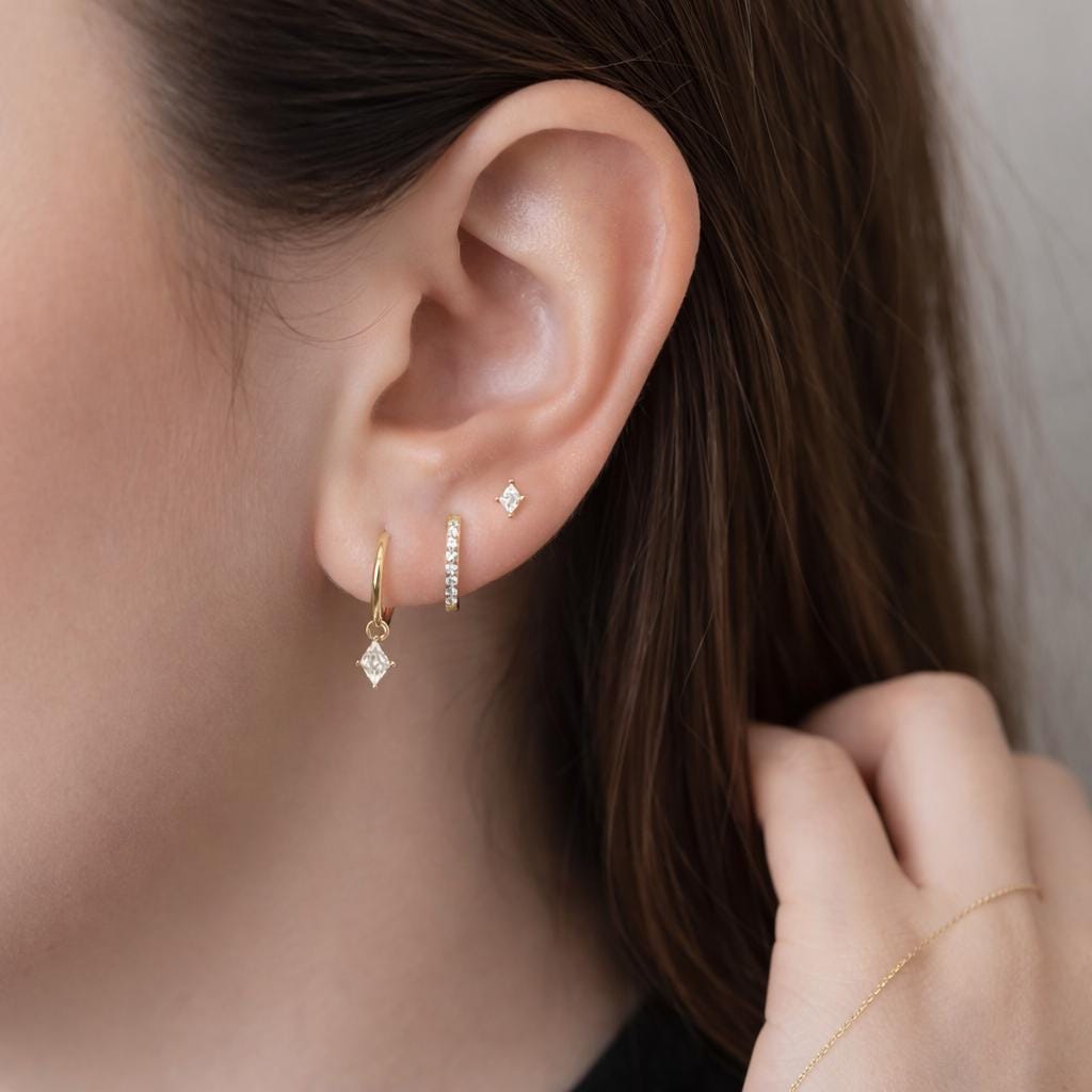 3-Piece Gold Rhombus Zircon Earrings Set: Dainty Minimalist Micro Pave Crystal Jewelry