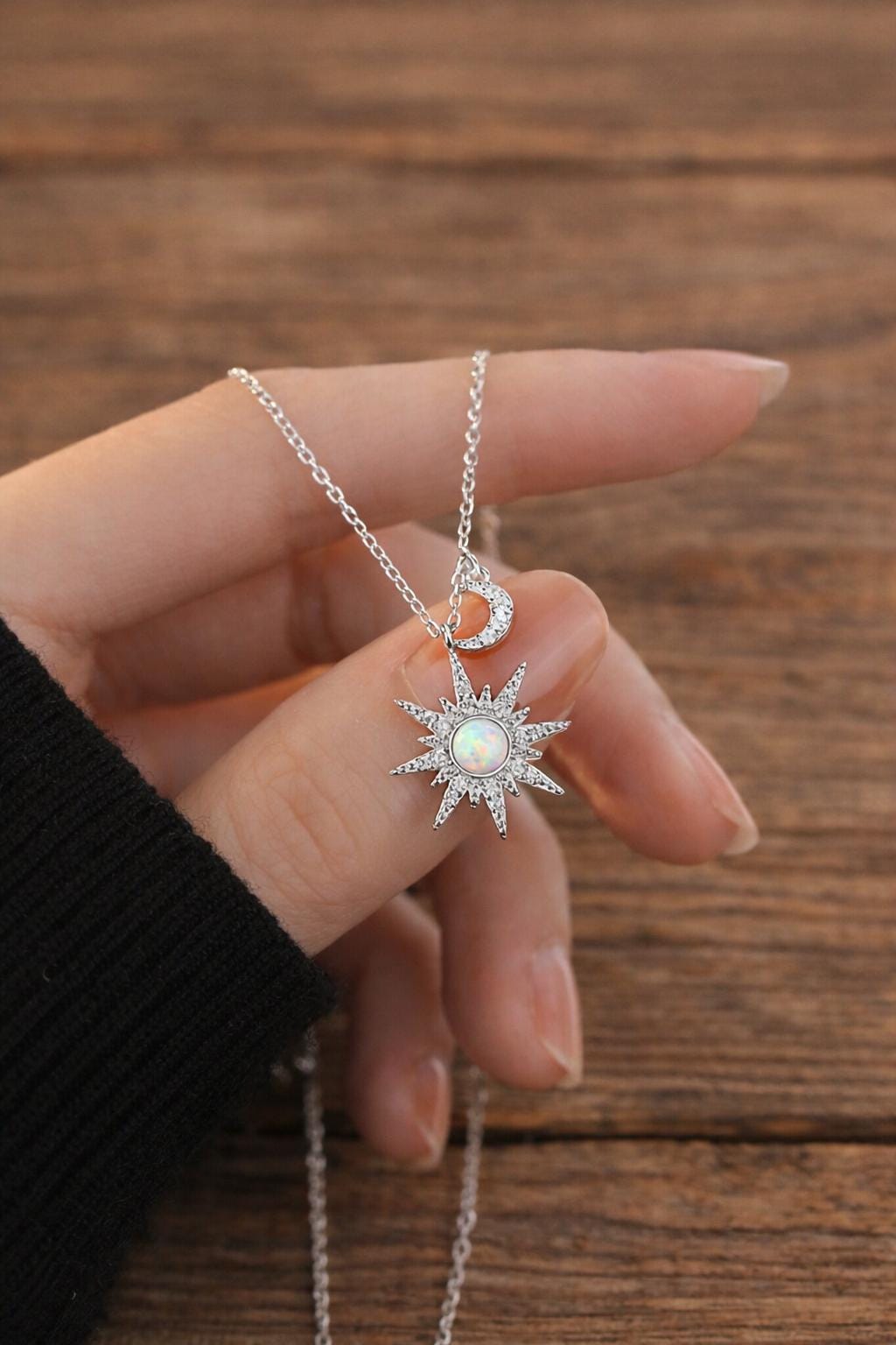 Sterling Silver Star Moon Opal Necklace, Celestial Minimalist Pendant Jewelry