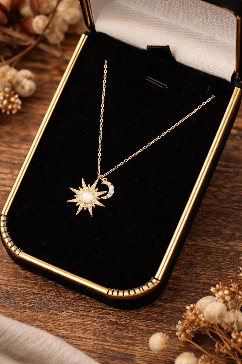 Sterling Silver Star Moon Opal Necklace, Celestial Minimalist Pendant Jewelry