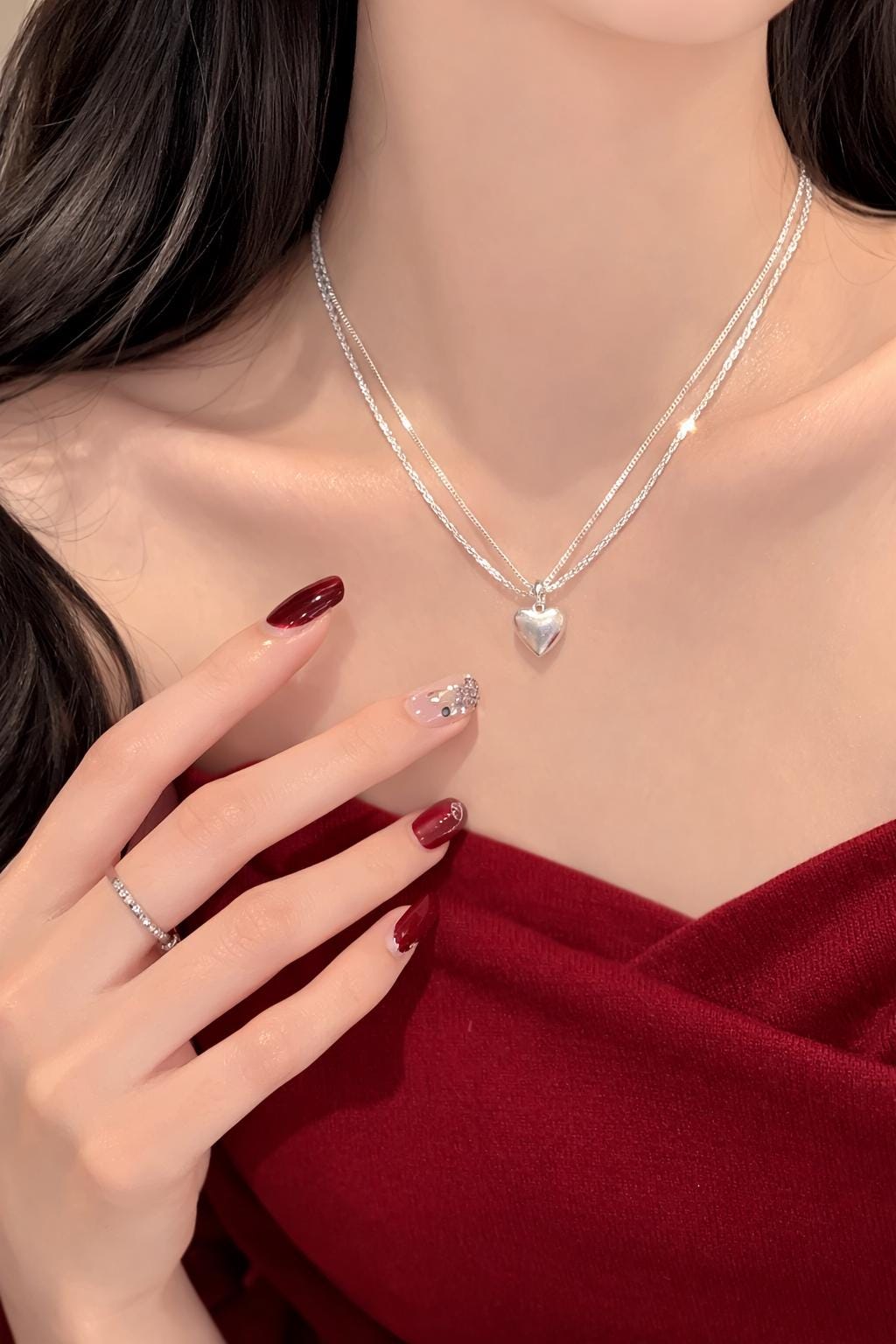 925 Sterling Silver Brushed Heart Necklace, Minimalist Clavicle Chain Jewelry