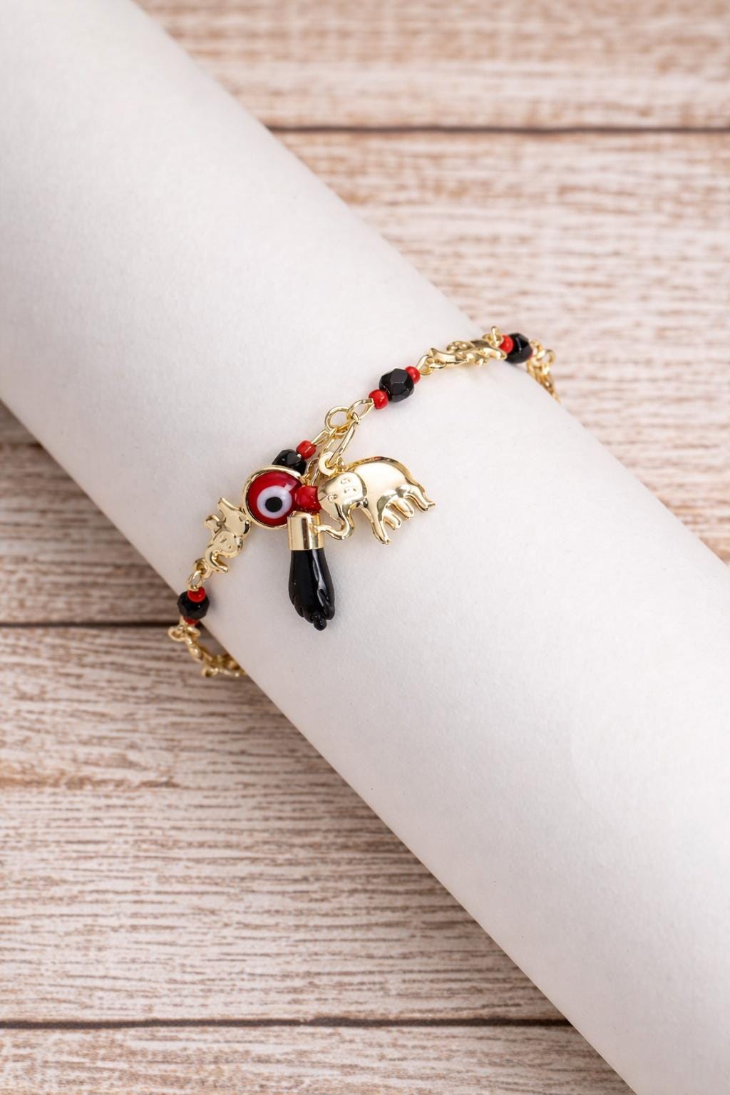 14K Gold-Tone Lucky Eye Elephant Charm Bracelet – Brass Protection Amulet