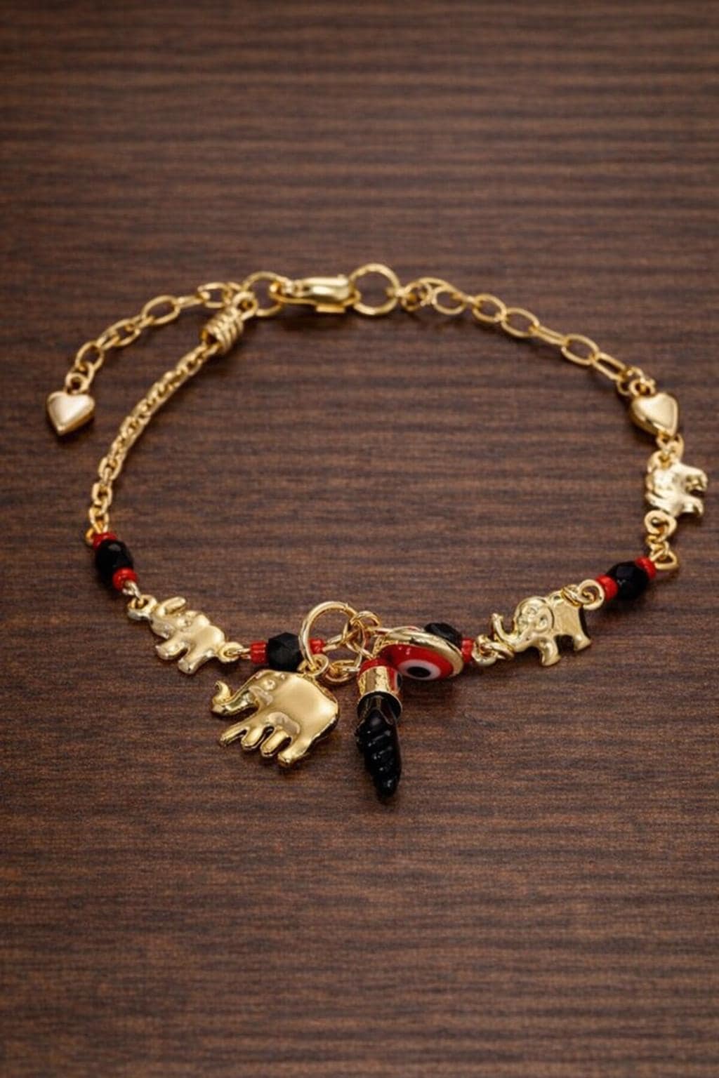 14K Gold-Tone Lucky Eye Elephant Charm Bracelet – Brass Protection Amulet