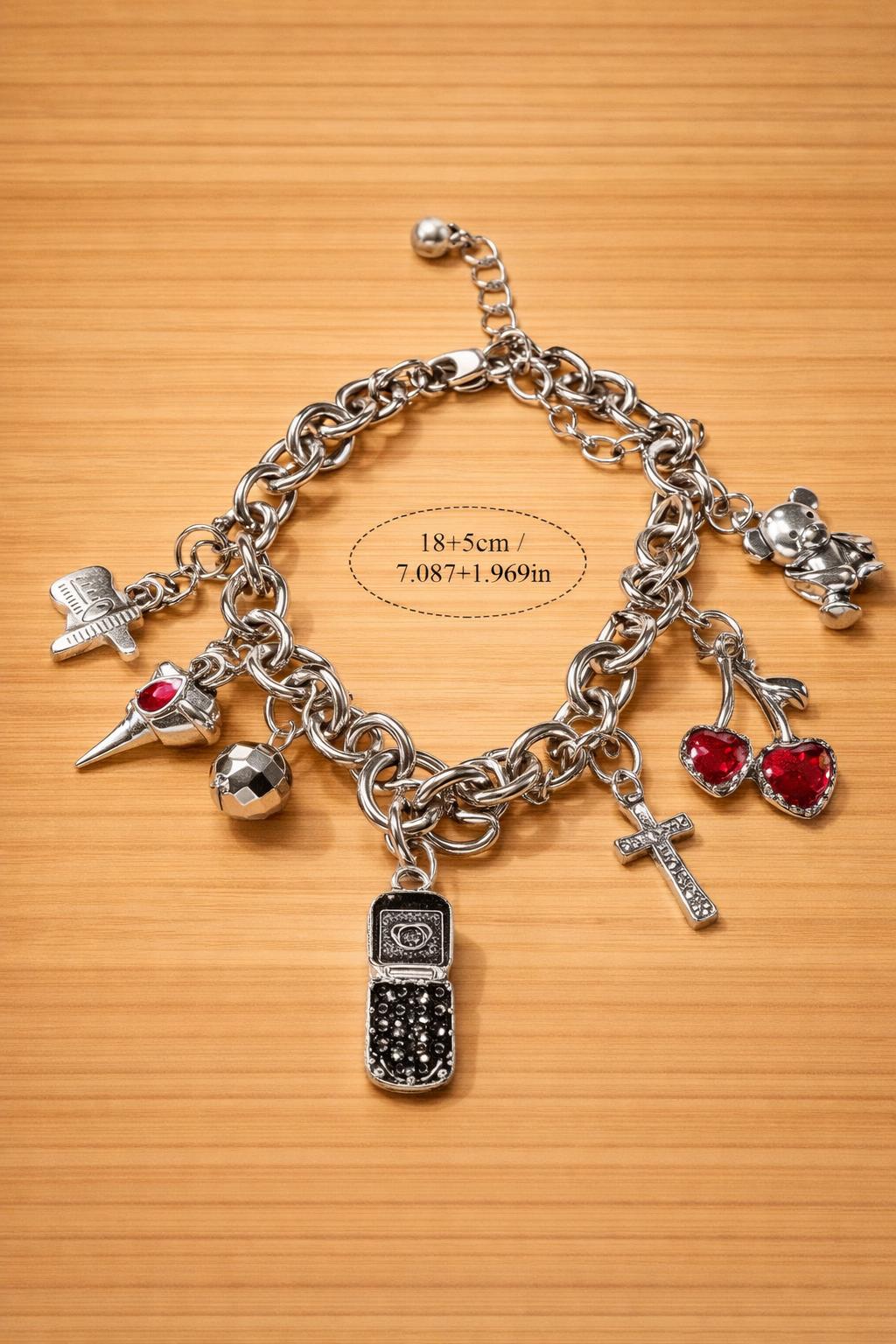 Vintage Teddy Bear Charm Bracelet, Y2K Cherry, Disco Ball, Gold Tone Chain