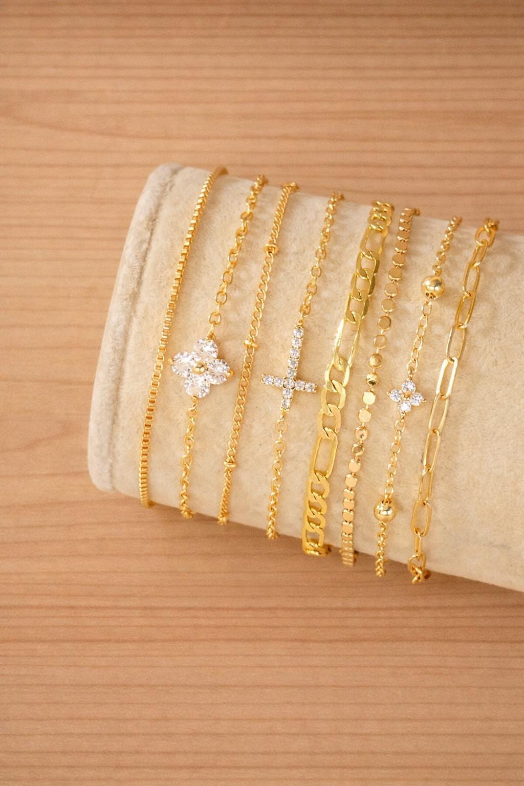 8pc Gold CZ Cross Clover Bracelet Set, Layered Dainty Chain Jewelry