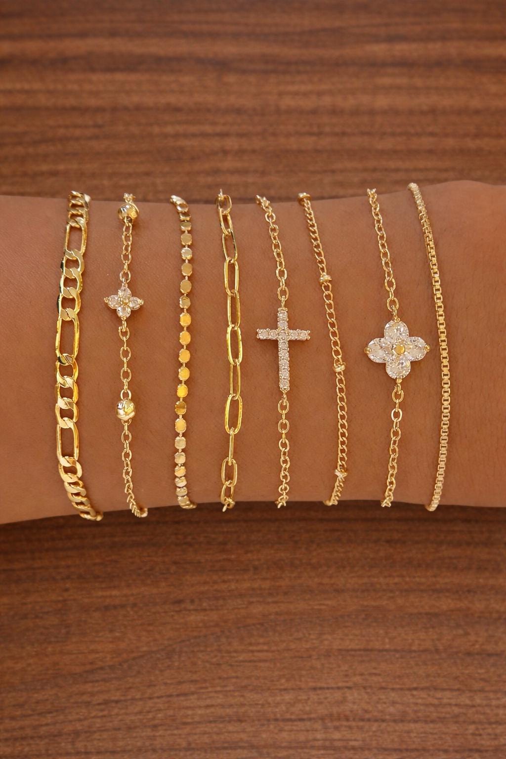 8pc Gold CZ Cross Clover Bracelet Set, Layered Dainty Chain Jewelry