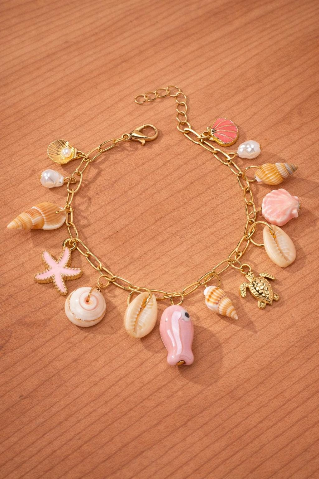Y2K Summer Charm Bracelet, Cherry Starfish Chili Pendant, Vacation Style Chain Bracelet