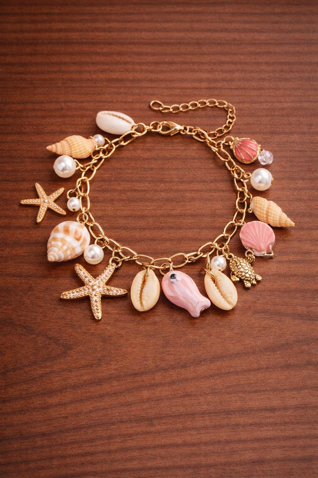 Y2K Summer Charm Bracelet, Cherry Starfish Chili Pendant, Vacation Style Chain Bracelet