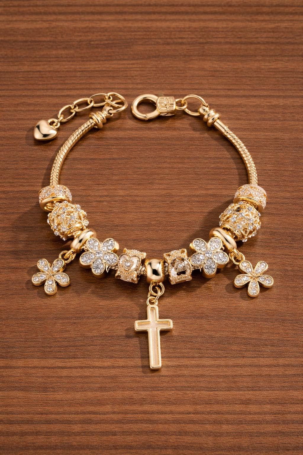 1pc Fashionable Heart, Cross, Floral Beaded Bracelet For Women With Cross Pendant Charm