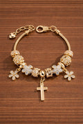 1pc Fashionable Heart, Cross, Floral Beaded Bracelet For Women With Cross Pendant Charm