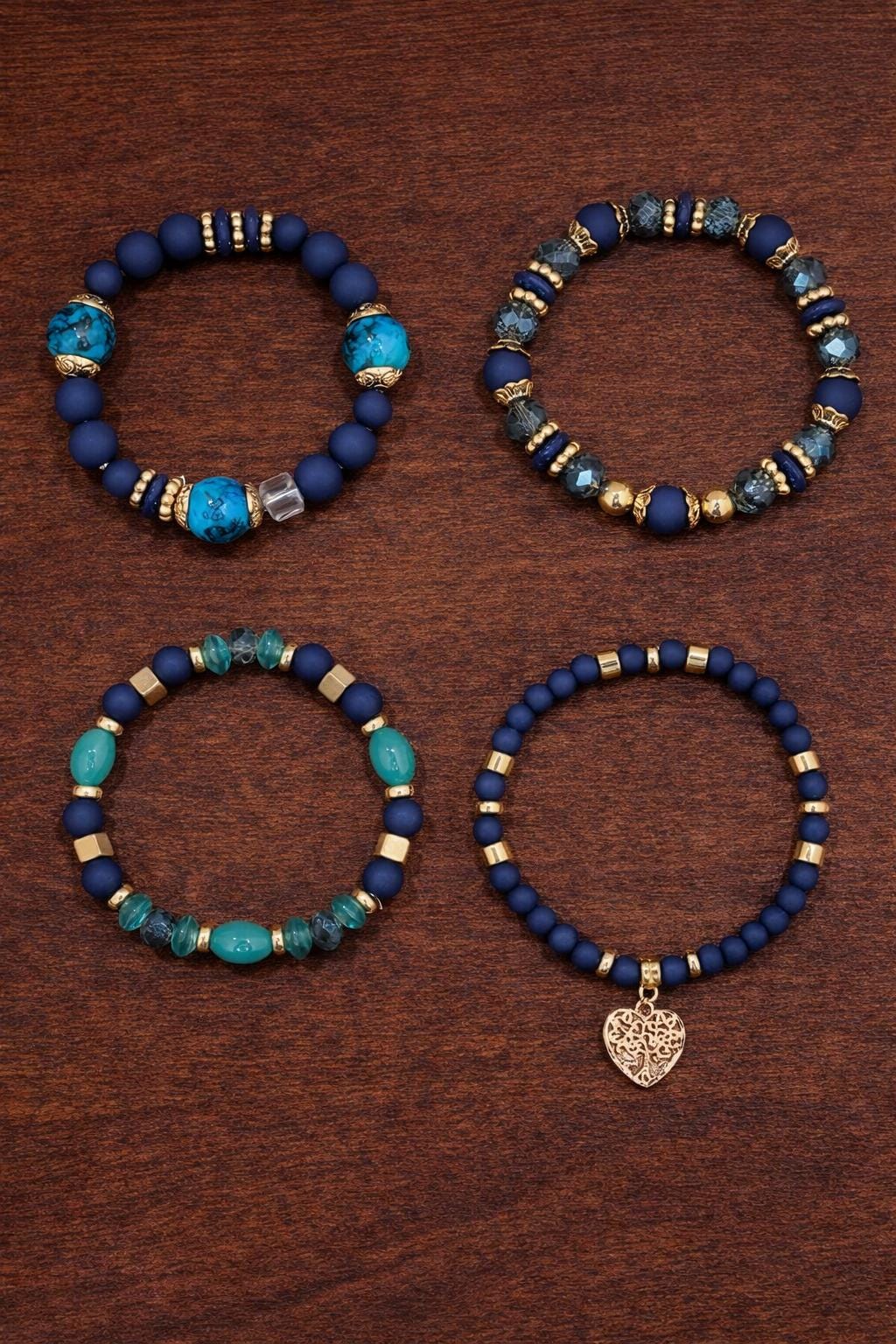 Boho Heart Charm Beaded Bracelet Set, Colorful Stackable Women's Jewelry, December Birthstone Style