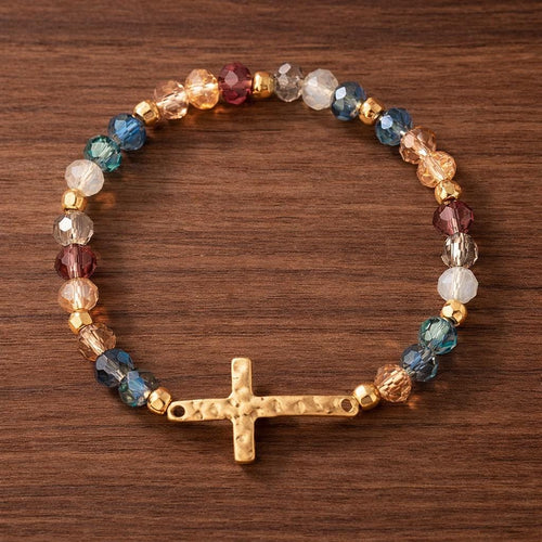 1pc Fashionable Simple & Versatile Car Wheel, Glass, Metallic Cross Beaded Bracelet